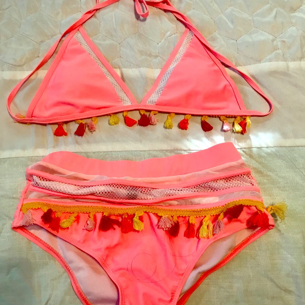 Tassel Orange Two-piece high waisted bathing suit